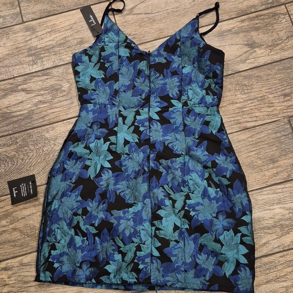 Lulu's Ready for Festivities Blue Multi Floral Jacquard Mini Dress NWT Sz Medium - Picture 6 of 7